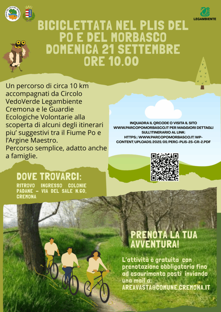 BICICLETTATA NEL PLIS DEL PO E DEL MORBASCO – DOMENICA 21 SETTEMBRE, ORE 10.00 (COLONIE PADANE DI CREMONA)